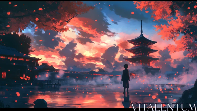 Silhouette child near pagoda under vivid sunset sky.