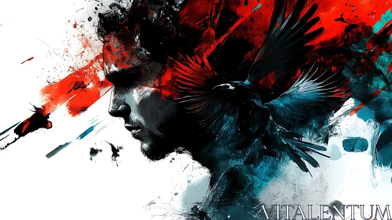 Digital portrait with abstract ravens and violent color bursts.