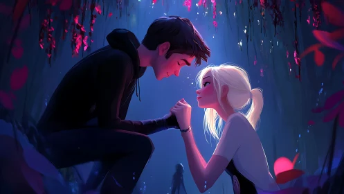 Neon-Lit Romantic Encounter: Two Figures in Luminous Digital Space.