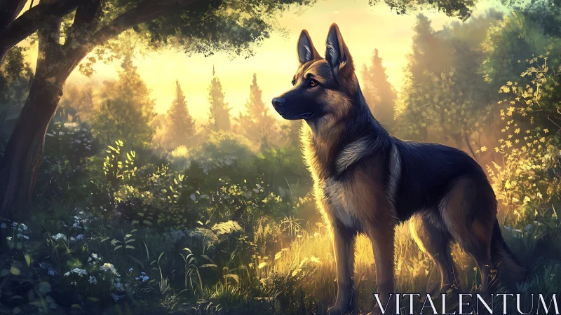 Backlit German shepherd in volumetric golden forest clearing