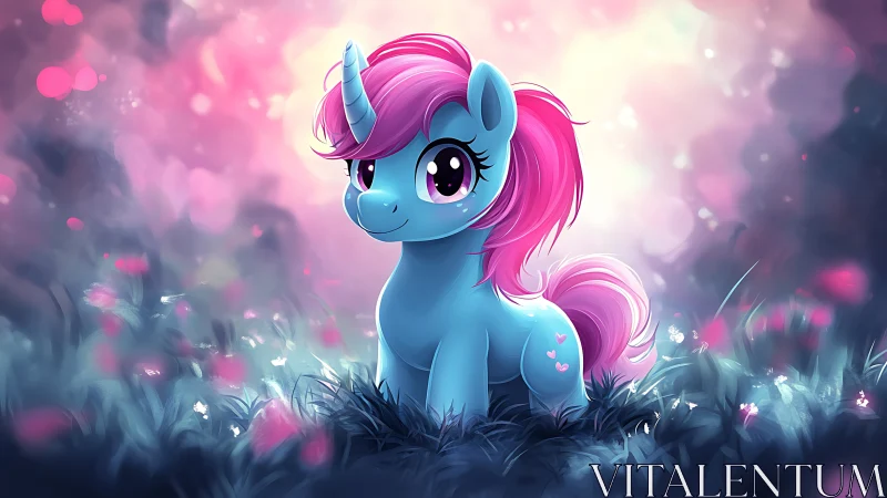 Blue cartoon unicorn pony in glowing pink meadow scene.