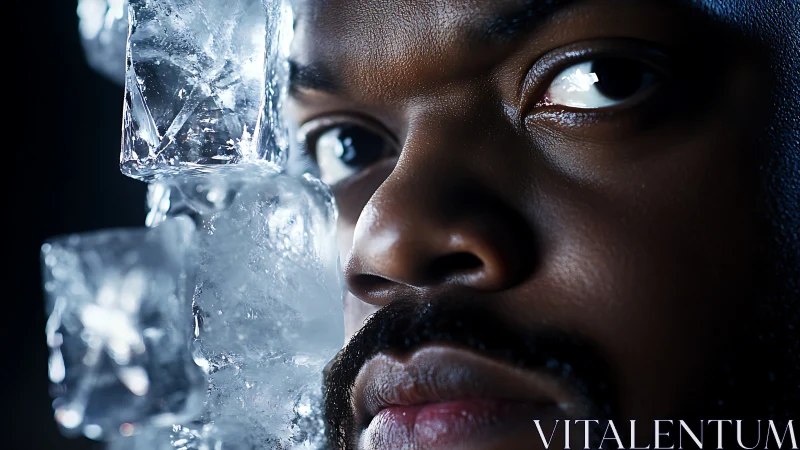 Close-up human face partially obscured by stacked ice cubes.