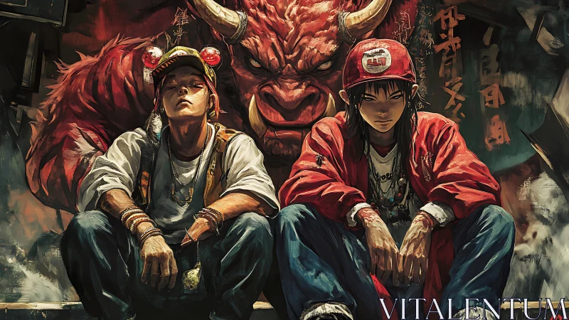 Urban duo with red oni guardian in gritty alley scene.