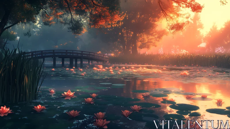 Sunlit lily pond and quiet wooden bridge at gentle dusk.