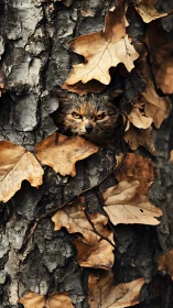 Feline camouflage integrated into bark and desiccated oak foliage.