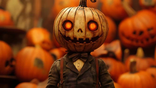 Pumpkin-headed gentleman glowing in a cozy Halloween crowd.