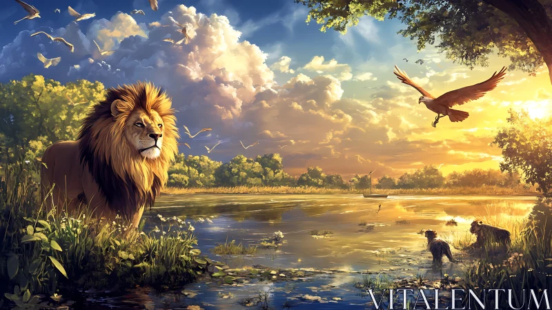 Majestic Lion by Golden Waterside at Sunset