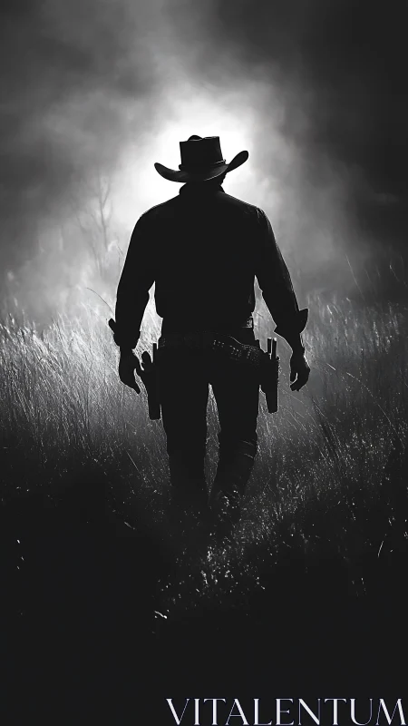 Lone cowboy silhouette walks through foglit prairie night.