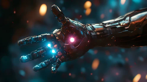 Cybernetic hand casting neon orbs in drifting starlight.