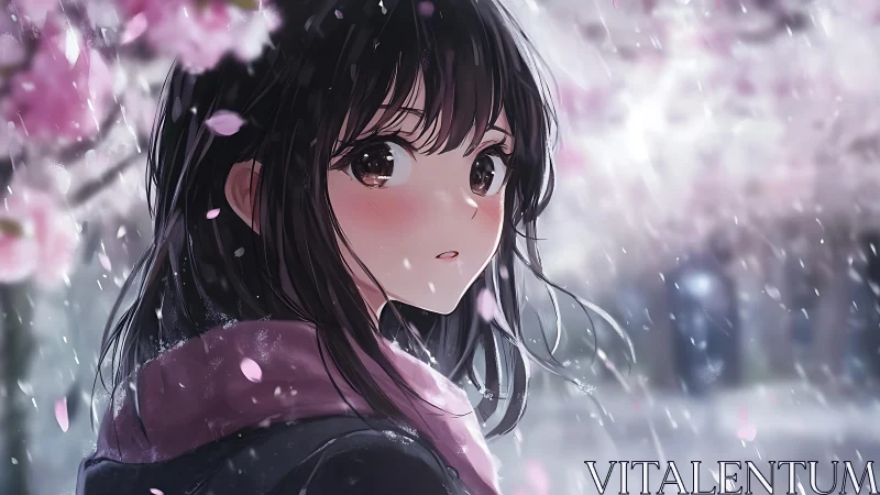Girl in scarf under cherry blossoms during light snowfall.