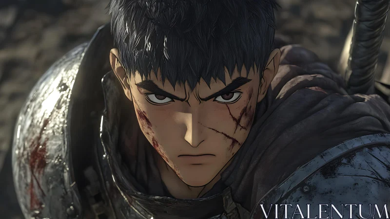 Armored swordsman with facial scars in close frontal view.