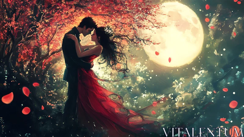 Moonlit Embrace: Romantic Figures Amid Crimson Blossoms