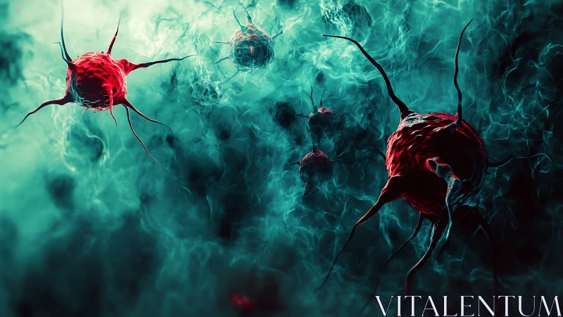 Neoplastic cellular swarm rendered in volatile teal microspace.