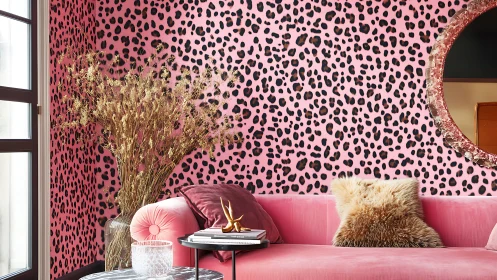 Playful pink leopard lounge with cozy, glamorous accents.