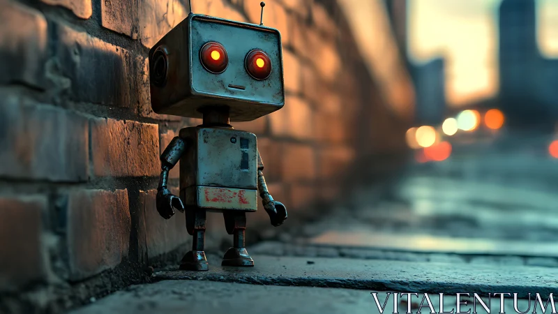 Cinematic photoreal robot study against urban brick wall at dusk.