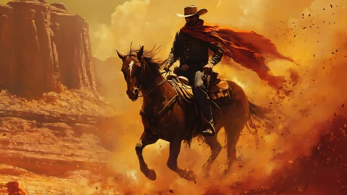 Lone cowboy riding through orange desert dust storm.