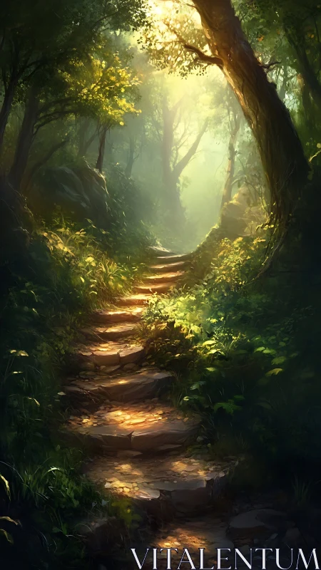 Forest Pathway with Golden Luminescence Through Dense Canopy.