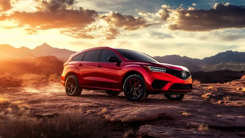 Sunlit red SUV poised on rugged desert ridge at dusk.