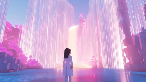 Voxel explorer facing radiant neon crystal waterfall.