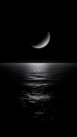 Crescent moon illuminating calm rippled ocean surface.