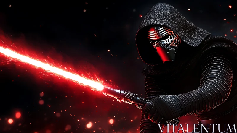 Masked cloaked figure wielding red energy sword in darkness.