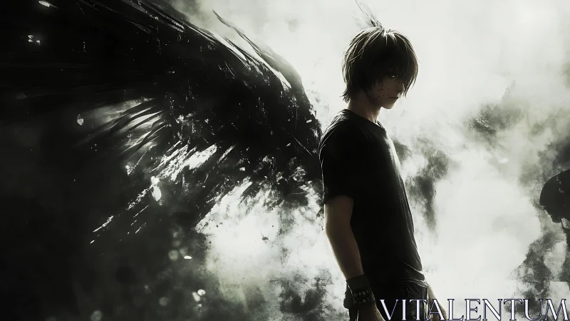 Brooding dark angel stands in swirling monochrome storm