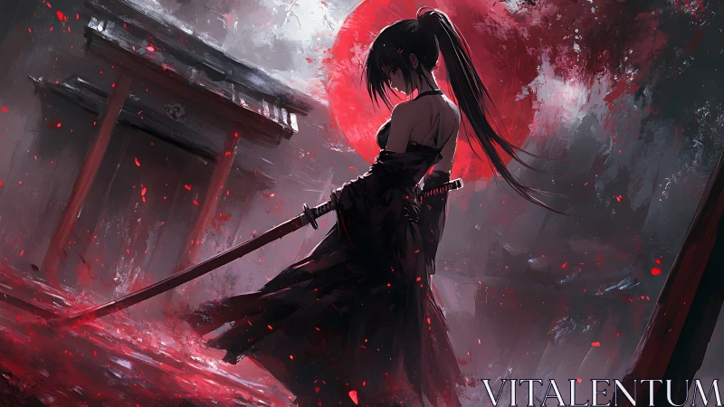 Solitary swordwoman stands beneath a burning crimson moon