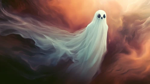 Ghostly spirit drifts through swirling pastel twilight clouds.