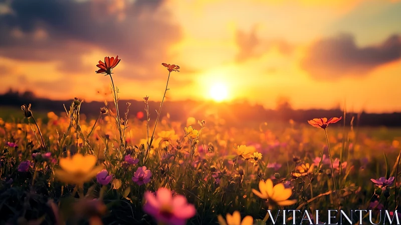 Low-angle wildflower field at sunset with golden bokeh glow.