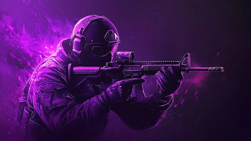 Tactical operator with carbine rifle in neon magenta lighting
