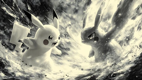 Storm-charged Pikachu duel in swirling monochrome energy.