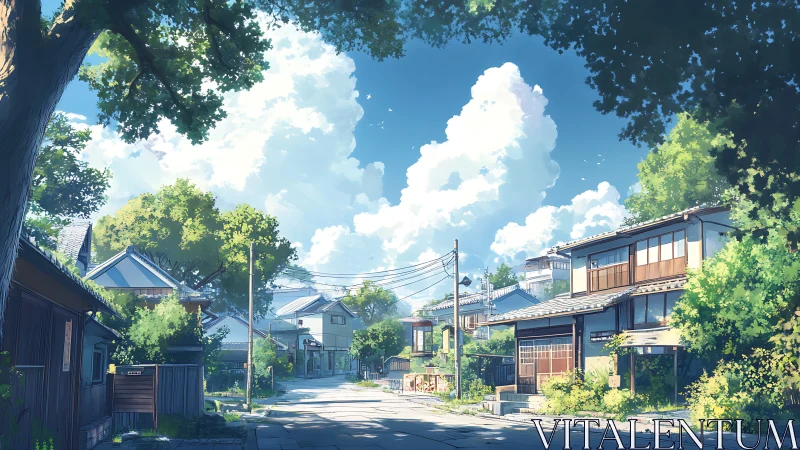 Sunlit town street wrapped in gentle summer calmness.