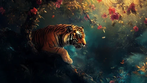 Gentle tiger resting in a dreamy, flower-dusted jungle twilight.