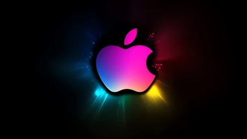 Neon apple emblem ignites a prismatic halo in deep space.