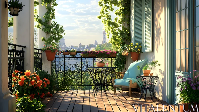 Sunlit urban balcony garden with wrought-iron detailing.