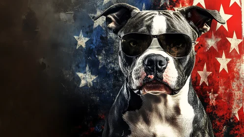 Canine portrait with aviator optics against distressed flag field.