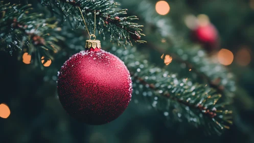 Red Christmas ornament glowing softly on a snowy pine branch.