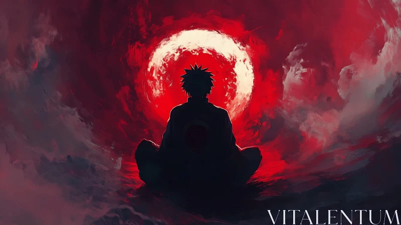 Silhouette meditates before crimson storm moon portal.