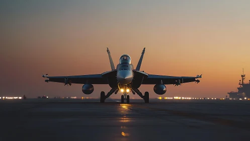 Carrier-based fighter jet under twilight runway illumination.