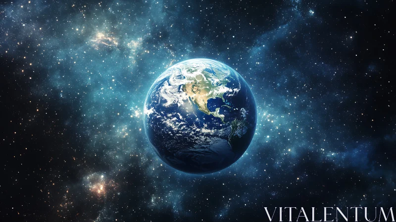 Luminous blue Earth drifting alone in a jeweled star ocean.