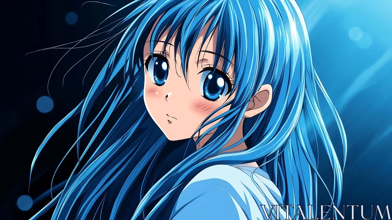 Shy blue haired girl glows softly in a quiet night breeze.