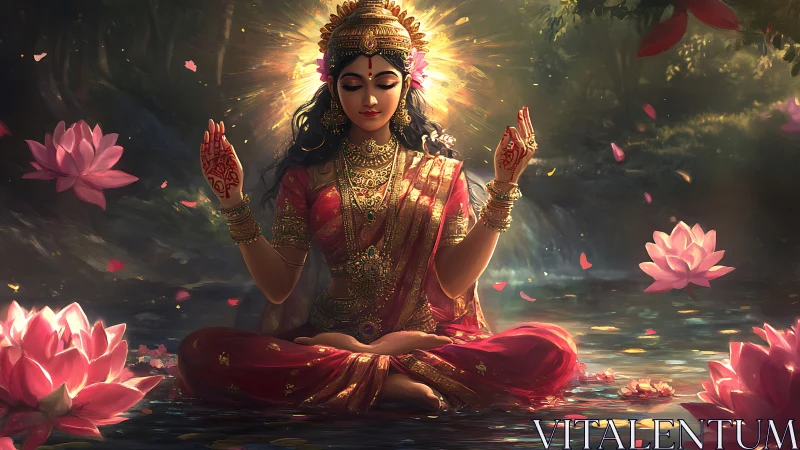 Radiant goddess in lotus pond wrapped in glowing serenity.