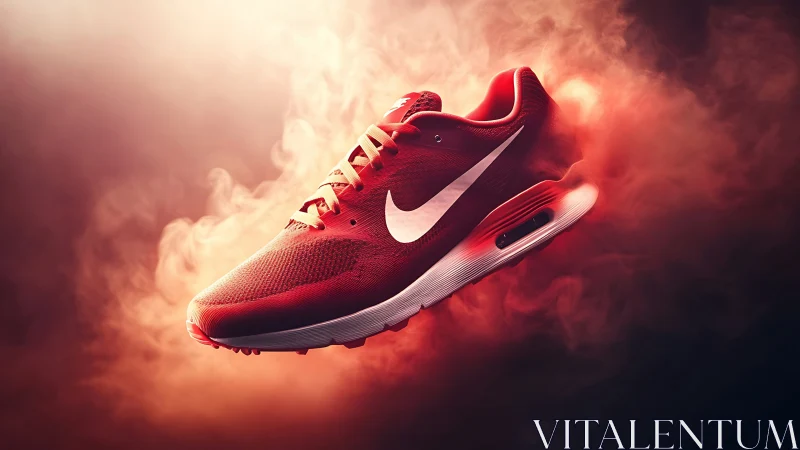 Red athletic sneaker product render on smoky background.