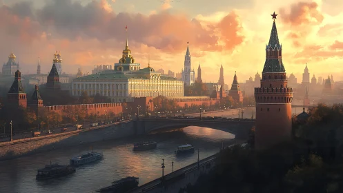 Golden sunset over riverside city towers and calm waterway.