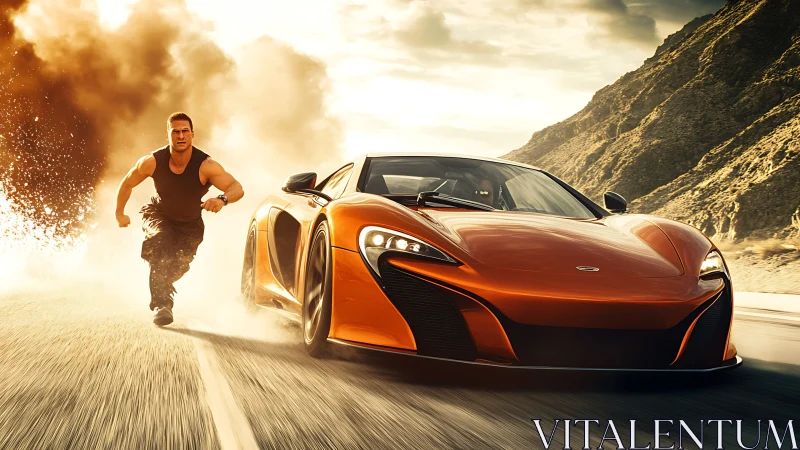 Photorealistic action tableau with supercar and running hero.