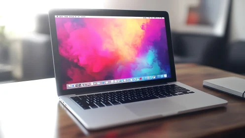 Laptop computer on desk displays colorful gradient screen