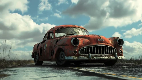 Rust-corroded vintage sedan rendered with cinematic low-angle lighting