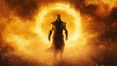 Hooded warrior strides through blazing fiery portal.