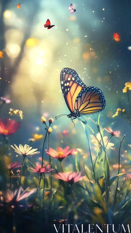 Monarch butterfly in shallow-depth meadow rendered with luminous bokeh