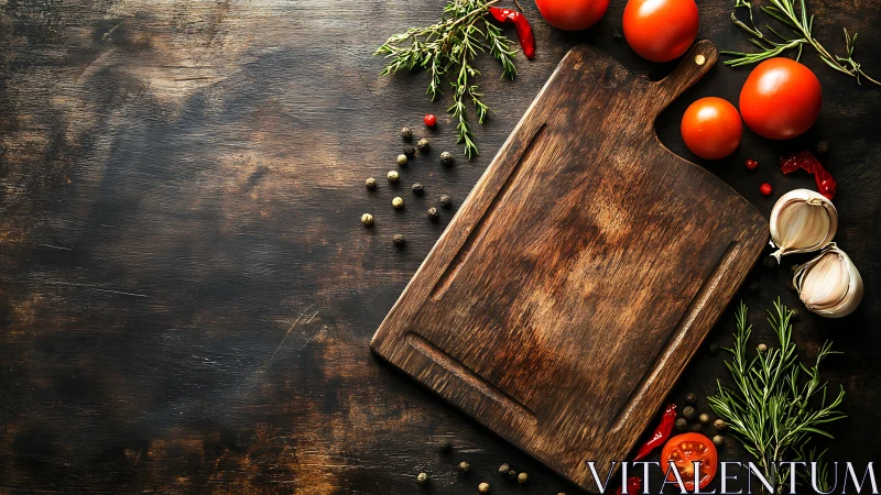 Rustic cutting board with tomatoes, garlic, herbs, spices.